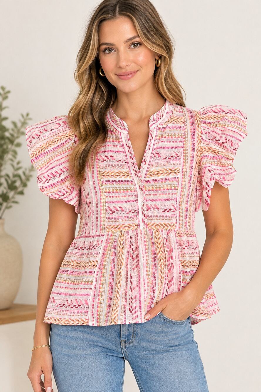 Grace+Karma Jacquard Puff Sleeve Boho Top Medium NWT Pink Multi